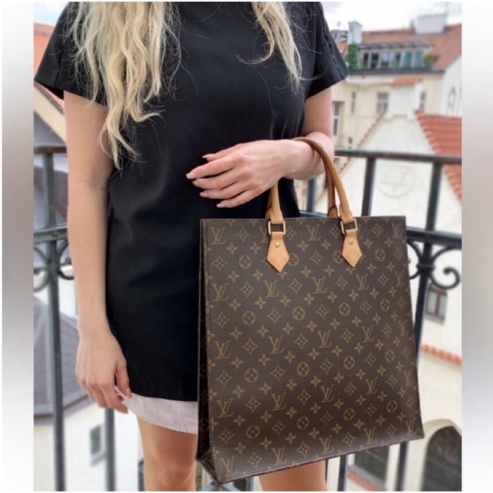 Authentic Louis Vuitton Monogram Sac Plat Tote Bag M51140 monogram brown